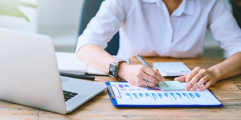 Person analyzing chart and graph showing changes on salary